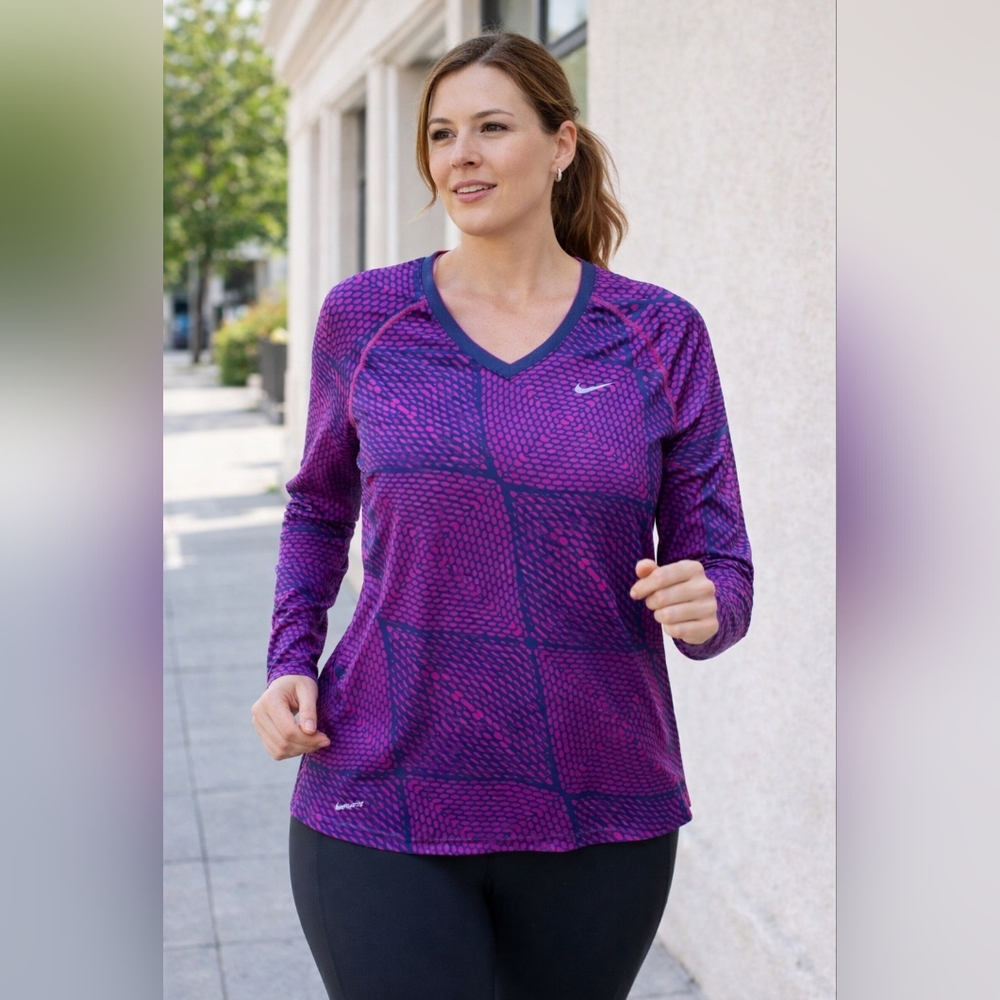 Nike Pro Active Top Womens Shirt Pink Fitted V-Neck Dri-Fit Long Sleeve